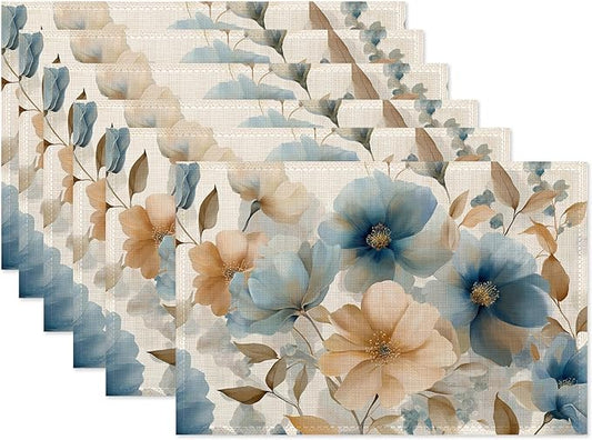 Blue Poppy Placemats Set of 6,Flowers Washable Kitchen Dining Linen Table Mats for Home Party Dinner Indoor Outdoor 12x18Inch