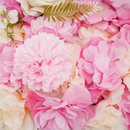 Artificial Flower Wall Panels, 6PCS Dahlia+Rose+Hydrangea Wedding Flower Wall, 3D Floral Panels Artificial Floral WallMat Flower Screen for Photo Party Wedding WallBackground Decor, White+Pink