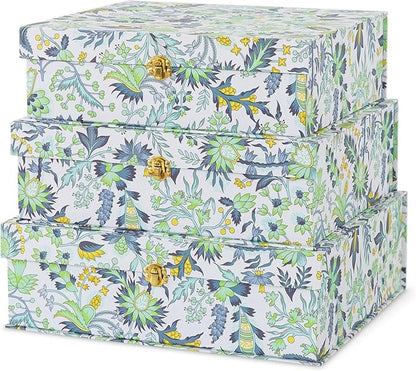 Soul & Lane Floral Cardboard Decorative Storage Boxes with Gold Hardware - Set of 3, Midnight Garden - Stacking Boxes with Lids for Home Decor and Organizing, Elegant Design