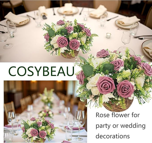 Artificial Flowers 25pcs Fake Roses, Rouge Foam Rose Faux Flower for DIY Wedding Bouquets Bridal Shower Centerpieces Floral Arrangements Home Decorations Party Backdrops Table