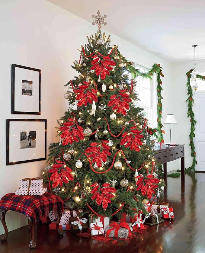 3pcs 31 inch Red Glitter Magnolia Leaf Sprays Artificial Christmas Tree Picks Sprays, Glittery Stem Ornaments for Christmas Tree Winter Wreath Swag Wedding Bouquet Centerpiece