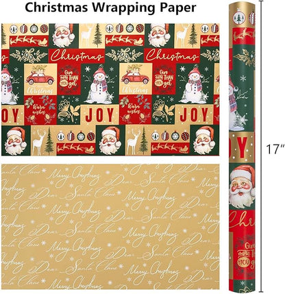 MAYPLUSS Christmas Wrapping Paper - 17 Inch X 33 Feet - Santa Claus Reversible Merry Christmas Gift Wrapping Paper, Metallic Foil Thick Gift Wrap Paper for Holiday Party New Year Kids