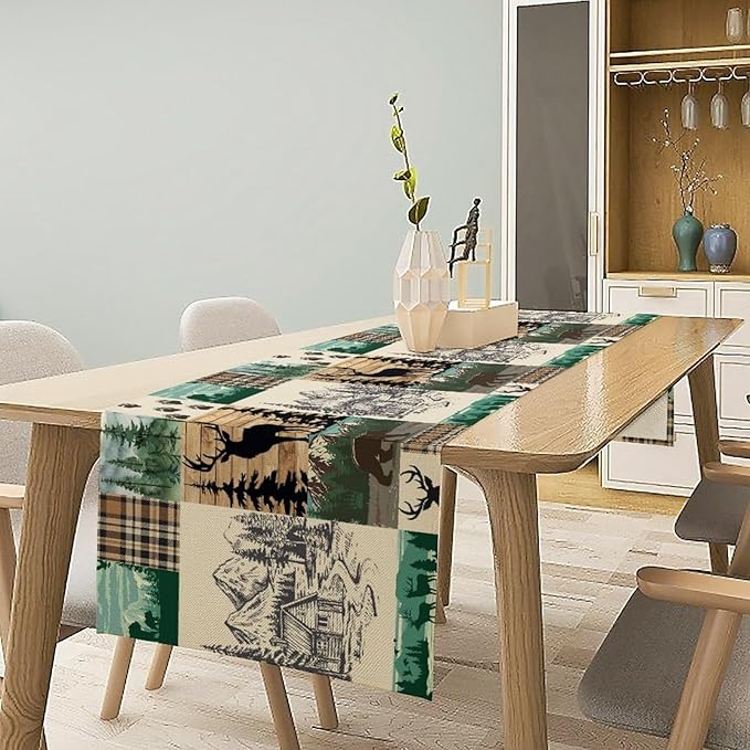 Rustic Cabin Table Runner, Farmhouse Deer Bear Retro Pine Forest Wooden Plank Wild Animal Seasonal Coffee Table Center Decor for Home Kitchen Dining Patio Holiday Party Table Decorations 13x72 inches