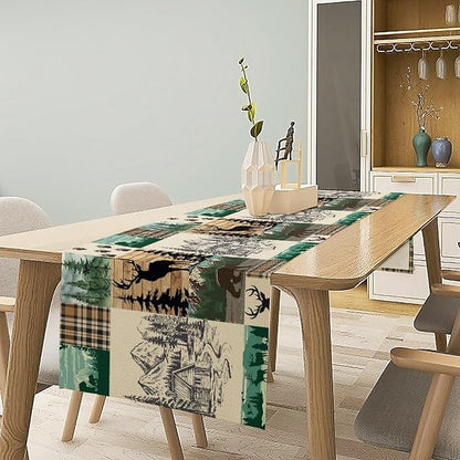 Rustic Cabin Table Runner, Farmhouse Deer Bear Retro Pine Forest Wooden Plank Wild Animal Seasonal Coffee Table Center Decor for Home Kitchen Dining Patio Holiday Party Table Decorations 13x72 inches