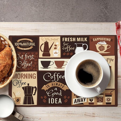 Coffee Table Placemats Set, Hot Mocha Latte Milk Typography on Scribble Backdrop, Set for Dining Table Decor 6 PCS, Cafe-2
