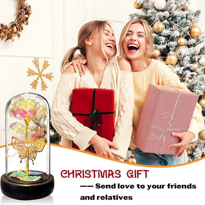 Birthday Rose Flower Gifts for Women, Mothers Day Glass Rose Gift for Mom from Daughter Son, Colorful White Rainbow Rose in Glass Dome with Music Box, Light Up Rose in Glass Dome for Her Wife Grandma