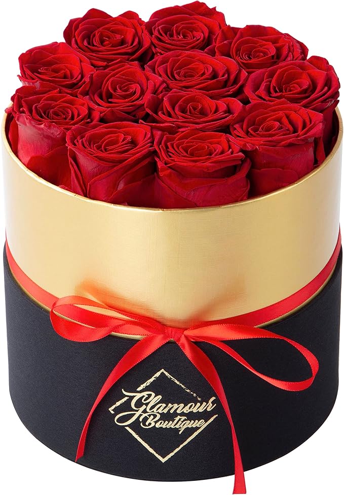 GLAMOUR BOUTIQUE Eternal Preserved Roses in a Box - Flowers Forever, Rose Forever in a Box for Wife, Birthday Gifts for Her, 12 Roses, Red