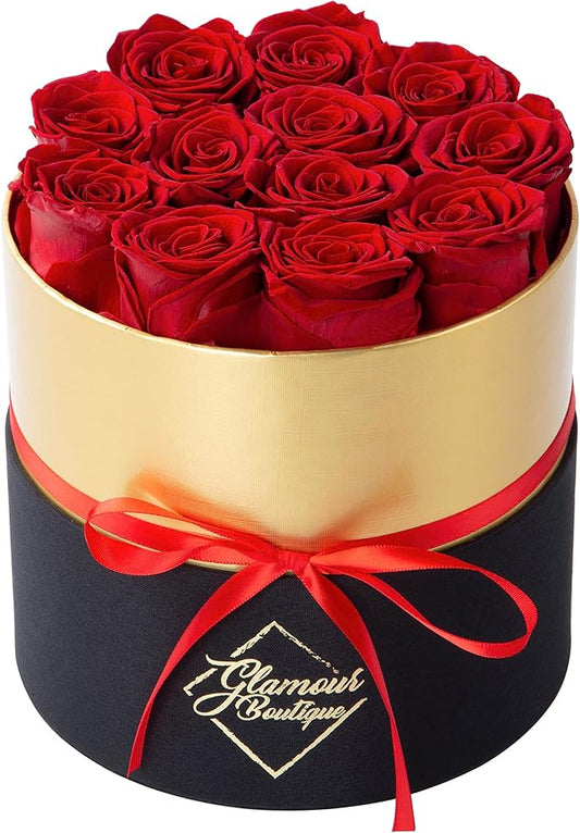 GLAMOUR BOUTIQUE Eternal Preserved Roses in a Box - Flowers Forever, Rose Forever in a Box for Wife, Birthday Gifts for Her, 12 Roses, Red