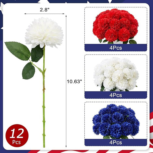 SITUMEIZI 12 Pcs Artificial Chrysanthemums Flowers Ball Flower Fake Mums Silk for Wedding Home Kitchen Decoration Floral Arrangement(Red,Blue,White)