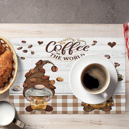 Coffee Gnomes Linen Placemats Set of 4 Brown Buffalo Plaid Placemat Indoor Outdoor Party Home Desktop Kitchen Dining Room Decoration 12x18 Inch