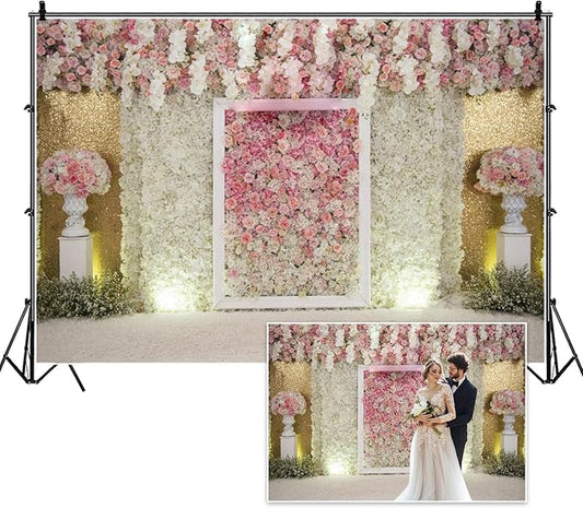 12x8ft Mother's Day Backdrop Spring Pink White Floral Romantic Flowers Wall Wedding Photography Background for Valentines Day Bridal Shower Birthday Newborn Womens Day Tea Party Decoration