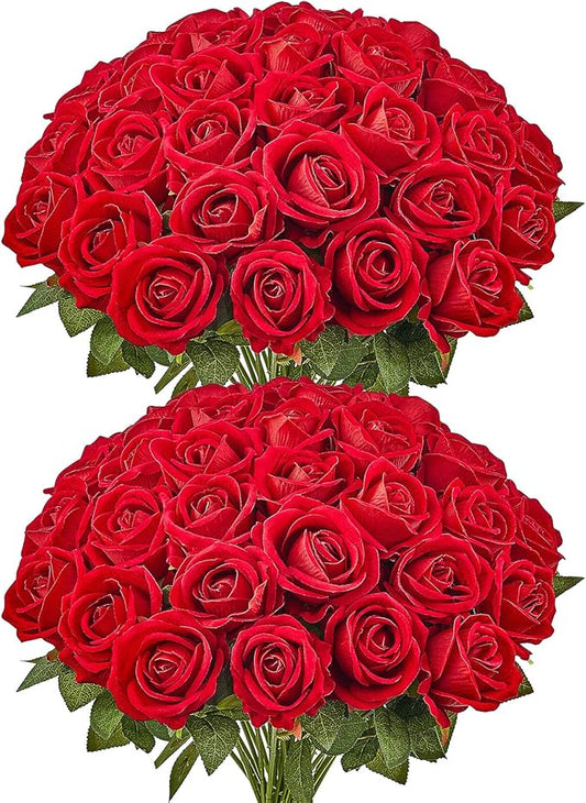 VEVOR Artificial Flowers, 60 pcs Real Looking Red Foam Fake Roses Bulk, Faux Red Bridal Shower with Stems for DIY Wedding Bouquets, Home Centerpieces Arrangements, Party Tables Decorations