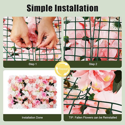12 Pcs White Flower Wall Flowers Backdrop Artificial Flower for Backdrop Flowers Decoration 3D Floral Panels for Wall Decor Home Party Wedding Room Decoration (60x40cm/White+ Pink+Green)