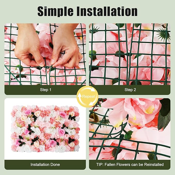 12pcs 24" x 16" Artificial Flower Wall Panel Background,3D Pink White Dahlia Silk Rose with Leaves Flowers Wall Backdrop for Wedding Party Event Photo Backdrop Wall Decor (Type 3)