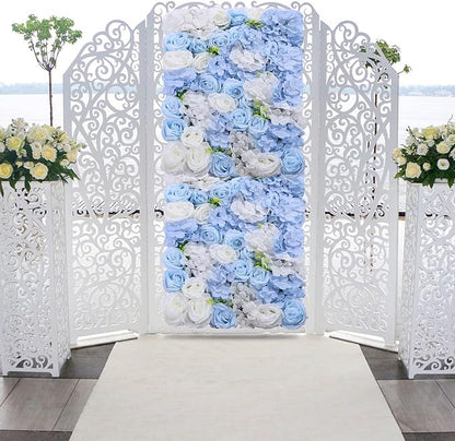4Pcs Artificial Flower Wall Panel,3D 16" X 24" Silk Rose Mat Artificial Flower Wall,Rectangle Decorative Backdrop Flower Panels Wall for Bridal,Patio,Garden,Yard Decor (Blue, White)