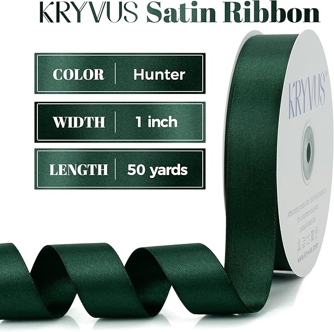Hunter Green Satin Ribbon, Double Faced 1 Inch X 50 Yards Hunter Green Ribbon, Premium Satin Ribbon for Gift Wrapping, Crafts, Hair Bow Making, Sewing, Flower Bouquet, Wedding Party Decor