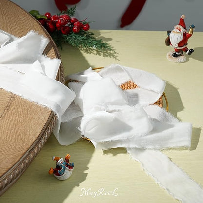 MAYREEL 2 Inch White Velvet Ribbon Hand Torn Snow White Silk Frayed Edge for Bridal Bouquets Invitations Wedding Vow Books Gift Baskets Hair Bows 3 Yards