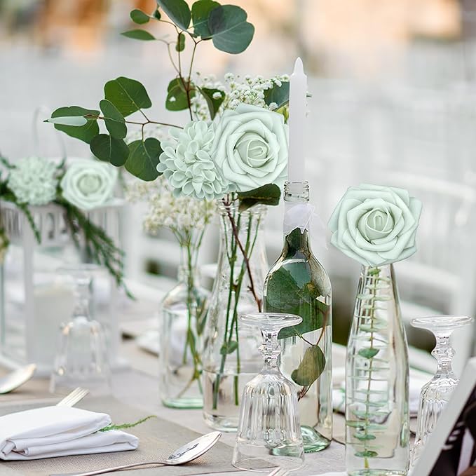 Artificial Flowers, 25pcs Artificial Rose for DIY Wedding Bouquets Centerpieces Arrangements, Light Green Rose Flowers with Stem for Bridal Shower Party Home Decorations