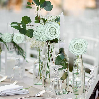 Artificial Flowers, 50pcs Artificial Rose for DIY Wedding Bouquets Centerpieces Arrangements, Light Green Rose Flowers with Stem for Bridal Shower Party Home Decorations