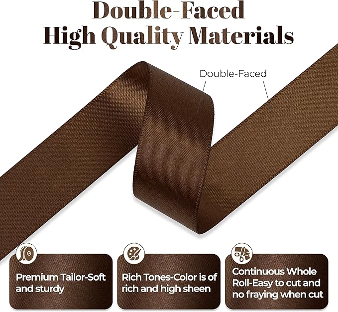 Brown Satin Ribbon, Double Faced 7/8 Inch X 50 Yards Brown Ribbon, Premium Satin Ribbon for Gift Wrapping, Crafts, Hair Bow Making, Sewing, Flower Bouquet, Wedding Party Decor