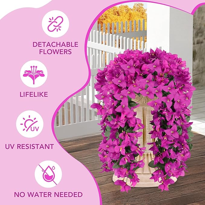 Artificial Bougainvillea Flowers for Outdoor Plant,12 pcs Faux Hanging Flowers Bougainvillea for Outside Decoration,Fake Silk UV Resistant Vines for Front Door Porch(Fuchsia)