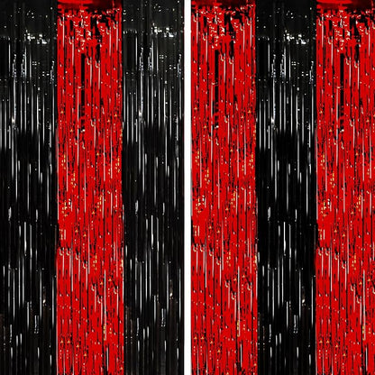 2 Pack Red and Black Tinsel Foil Fringe Curtains, Red and Black Party Decorations, Metallic Tinsel Party Streamers Backdrop for Halloween Birthday Red Carpet New Years Party Decorations