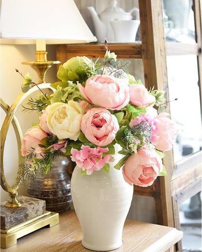 FiveSeasonStuff 2 Bundles Pink Beige Green (Spring Waltz) Peonies Artificial Flower Bouquet