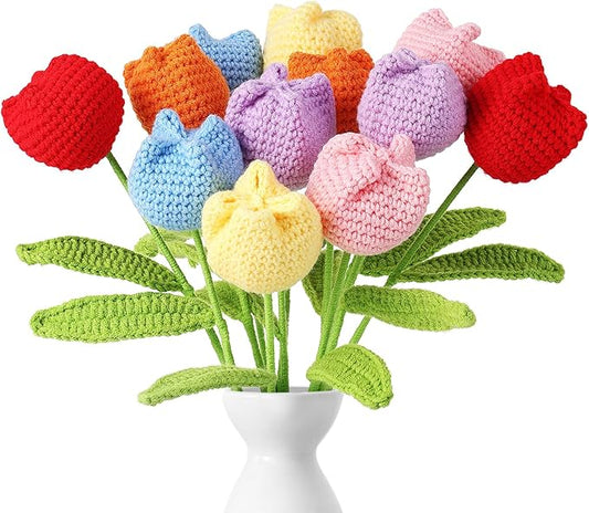 YoungJoy Crochet Rose 12 Pcs Handmade Knitted Flowers Tulip Sunflower Daisy Heart Artificial Knitted Floral Mother Day Graduation Home Decor(Cute Tulip B)