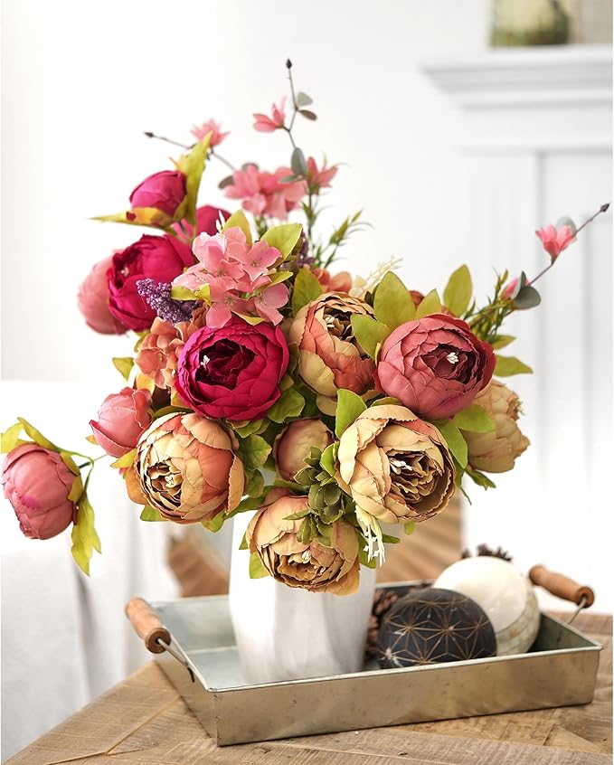 FiveSeasonStuff Vintage Artificial Peonies Silk Peony Flowers and Hydrangeas for Wedding Bridal Home Décor – Beautiful Floral Centerpiece Arrangement Decoration with 2 Bouquets (Tawny Brown)