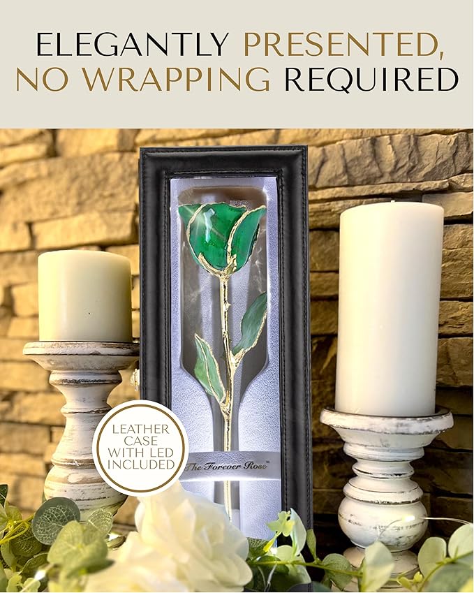 Forever Rose Hand-Dipped in 24K Gold, Emerald-Inspired May Birthstone with Sparkles, Real Rose in Leather Case with LED Light – Perfect Ready to Gift for May Birthday or Any Occasion