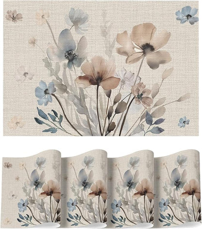 Artoid Mode Brown Poppy Floral Vinyl Plastic Placemats Set of 4, Washable Non-Slip PVC Table Mats for Party Kitchen Dining Decor, 12x18 Inch