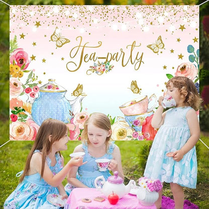 Pink Floral Tea Party Backdrop Glitter Gold Dots Butterfly Lets Partea Photography Background for Women Birthday Bridal Baby Shower Decorations Girls Wonderland Party Banner Photo Booth Supplies 6x4ft