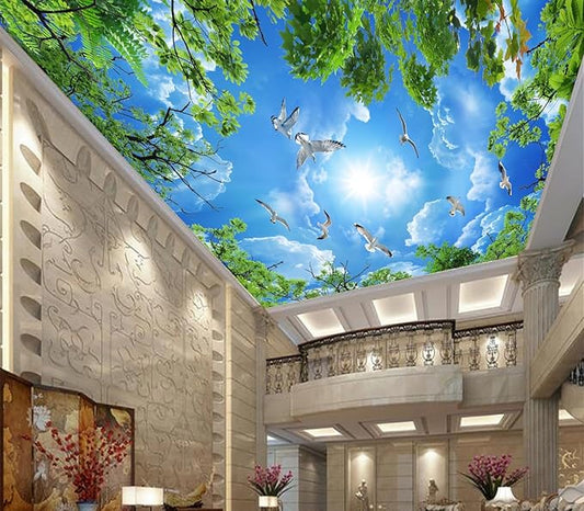Eierme-Illustration of a Clear Blue Sky Image with Clouds and Flying Birds seen Through The Canopy of a Tree