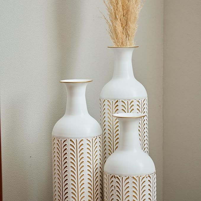 Floor Oversized Gold Metal Decorative Vase with 3D Triangle Pattern Set of 3 Large Vases for Home Living Room 33.5 ", 29.5 ", 25.2" High (Vintage White)