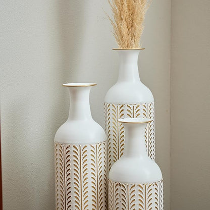 Floor Oversized Gold Metal Decorative Vase with 3D Triangle Pattern Set of 3 Large Vases for Home Living Room 33.5 ", 29.5 ", 25.2" High (Vintage White)