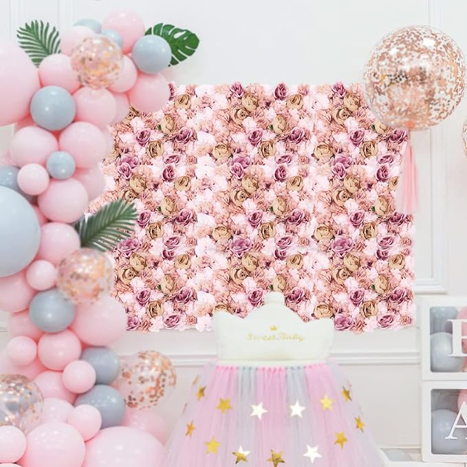 Flower Wall Panels 3D Flower Wall Backdrop, 6Pcs Artificial Flower Wall Panel Silk Rose Floral Decorative Faux Flower Wall Background for Wedding Home Decoration (Autumn Pink, 23.6*15.7in)