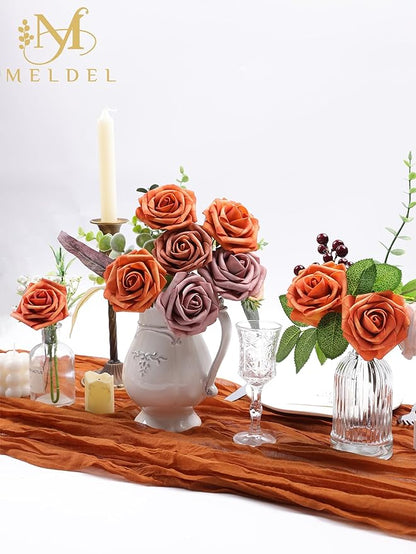 Meldel Artificial Flowers 50pcs Real Looking Burnt Orange Foam Fake Roses with Stems for DIY Wedding Bouquets Bridal Shower Centerpieces Floral Arrangements Home Decorations Crafts