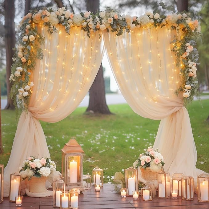 10x10ft Champagne Tulle Backdrop Curtain with Lights String for Parites, Sheer Backdrop Curtains for Wedding Baby Shower Birthday Party Photo Shoot Decorations