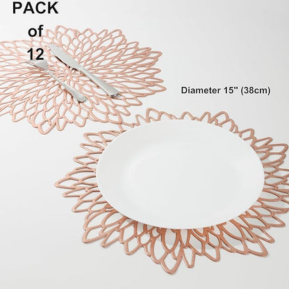 Snowkingdom 12 Pack Rose Gold Placemats Metallic Pressed Vinyl for Mother's Day Table Decoration Dinning Mats Bulk Round Floral Charger for Wedding Valentine's Day Christmas Holiday