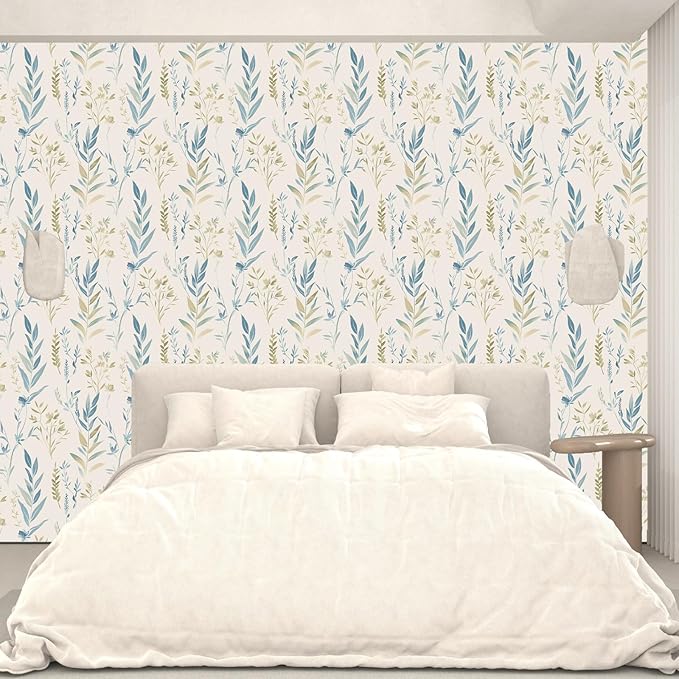 Beige Floral Leaf Peel and Stick Boho Removable Blue Green Botanical Wallpaper 17.5" x 118" Light Mural Waterproof Contact Paper for Walls Bedroom Bathroom Cabinet Room Decor
