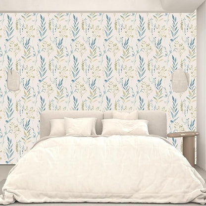 Beige Floral Leaf Peel and Stick Boho Removable Blue Green Botanical Wallpaper 17.5" x 118" Light Mural Waterproof Contact Paper for Walls Bedroom Bathroom Cabinet Room Decor