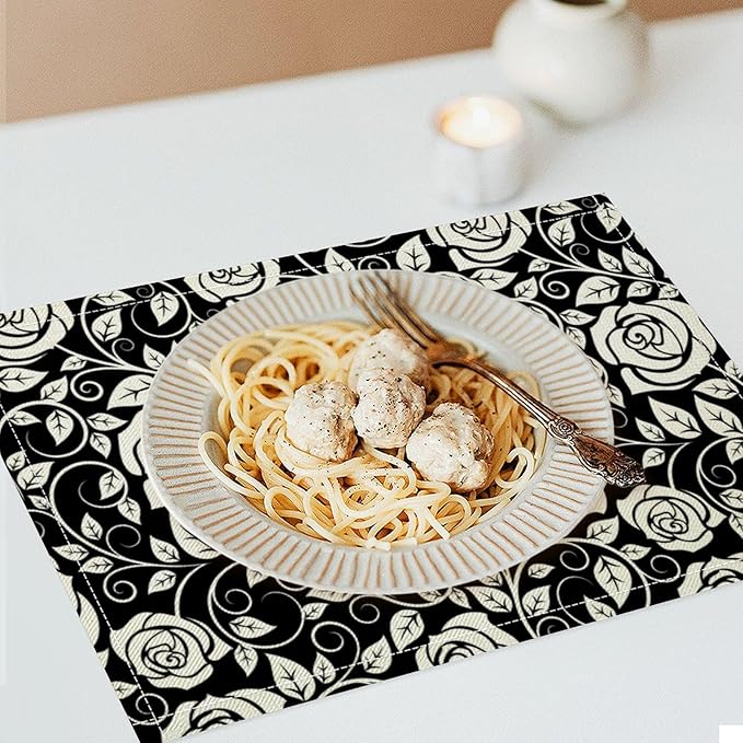 Retro Flowers Placemats Set of 6, 17x12 Inch Modern Aesthetic Black White Florals Leaves Art Print Table Mats for Home Party Kitchen Dining Decor