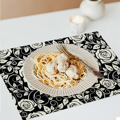 Retro Flowers Placemats Set of 8, 17x12 Inch Modern Aesthetic Black White Florals Leaves Art Print Table Mats for Home Party Kitchen Dining Decor