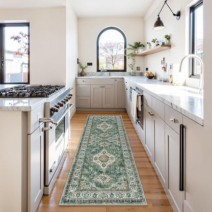 Lahome Oriental Washable Hallway Runner Rug, 2x6 Runners for Hallways Non Slip Ultra-Thin, Vintage Soft Long Carpet for Kitchen Bathroom Bedroom Laundry Room, Green/Multi