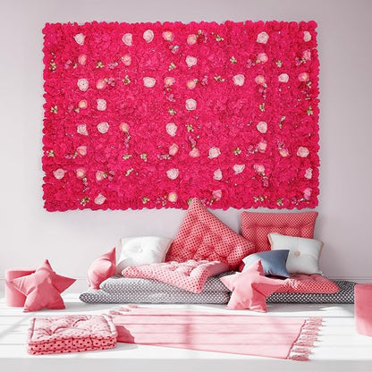 Flower Wall Backdrop 12 pcs 16.5x16.5 Inch Floral Wall Panel Artificial 3D Silk Rose Wall Decor Ideal for Wedding Celebrations, Festive Party Backdrops, and Home Decor-Rose Red