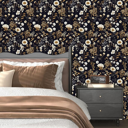 Dark Floral Peel and Stick Wallpaper Vintage Flower Contact Paper Vinyl Waterproof Self Adhesive Removable Retro Decor Black gold Botanical Wall Paper for Bedroom Walls Bookcase Drawers 17.5" x 118"