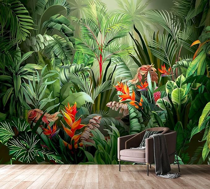 PYFFYP- Tropical Jungle wallppaper Green Leaf Jungle Wall murals for Bedroom(Not Peel and Stick)