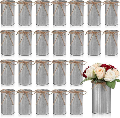 Domensi 5.91 in High Farmhouse Vase Decor Galvanized Metal Flower Vase with Twine Bow Vintage Rustic Tin Flower Buckets for Artificial Floral Table Container DIY(Iron Color,24 Pcs)