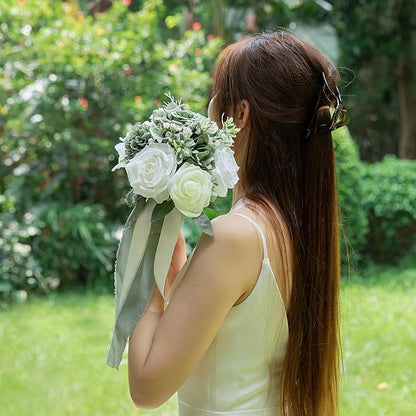 ponatia Sage Grenn Wedding Bouquets for Bride Bridesmaid, White Wedding Artificial Roses Flowers for Wedding Bouquets Ceremony, Anniversary (Sage Green & White)