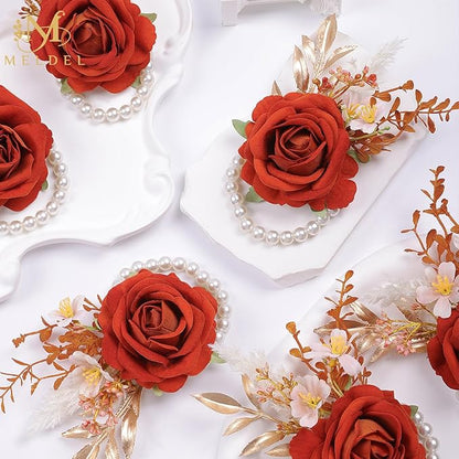Meldel Orange Velvet Rose Wrist Corsage, Set of 6, Wedding Bridal Flower Corsage Hand Decor for Prom Party Homecoming, Wristband Flowers Bride, Bridesmaid, Girl